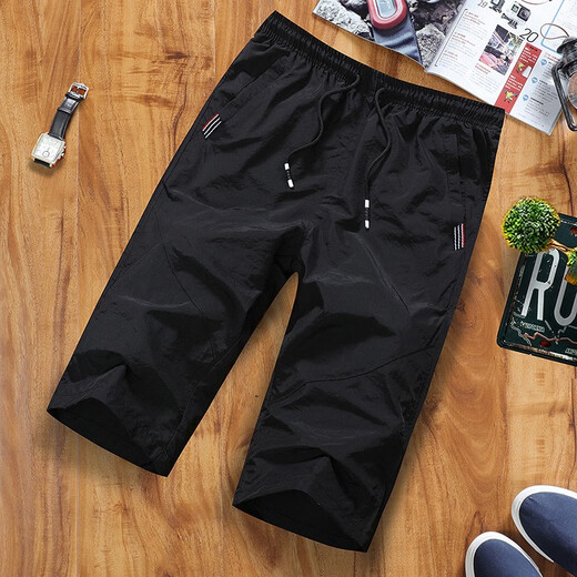 Shuobin Men's Cropped Pants Summer New Style Casual Home and Outdoor Beach Pants Breeches Quick-Drying Large Pants Trendy Black One Size (100-165Jin Jin is equal to 0.5kg)