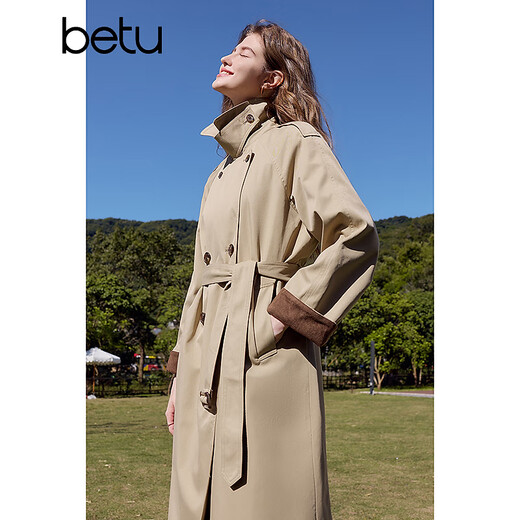 Baitu Betu Women's Clothing 2025 Spring New Windbreaker Fashionable High Imitation Deerskin Velvet Contrast Windbreaker Jacket for Women 2501T50 Khaki XS