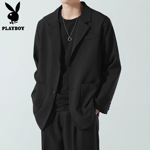 Playboy casual suit jacket men's spring and autumn loose uniform top Korean version men's jacket suit yuppie handsome little suit black L suggestion [120-135Jin [Jin equals 0.5 kg]]