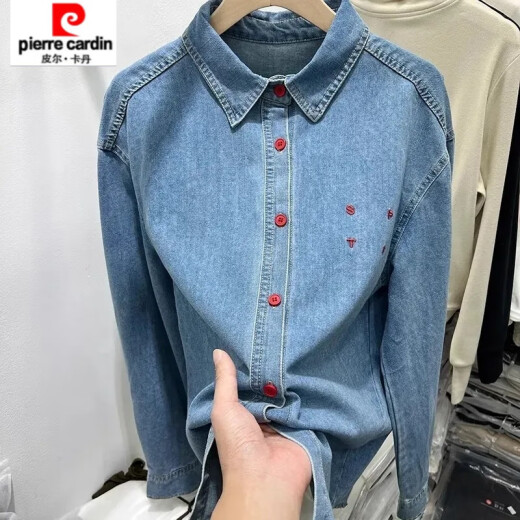 Pierre cardin design-sensory letter embroidered casual long-sleeved denim shirt for women early spring new fashionable loose base top 693 retro light blue [factory straight hair] Recommended 95-110 M