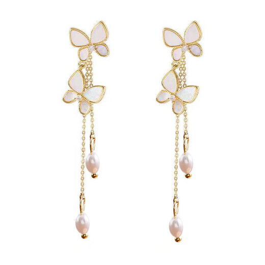 Feiyu S925 Silver Needle Silver-plated Super Fairy Butterfly Tassel Earrings Two-Wear Long Pearl Earrings Light Luxury Style Gold-Silver-Plated Needle Butterfly Tassel Earrings