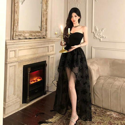 弹簧人生日礼服性感御姐cos女王束腰修身网纱长裙女 黑色(含胸垫和鱼骨) L