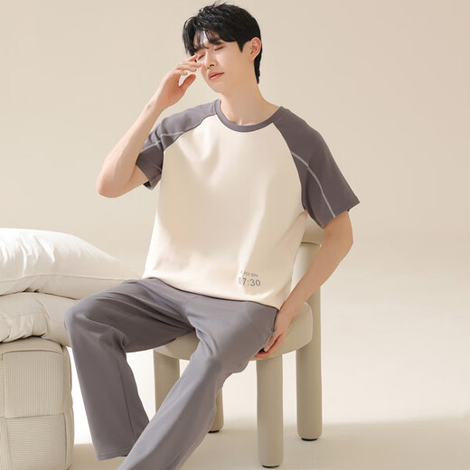 
Modal 100% cotton pajamas for men in summer pure cotton short-sleeved trousers round neck casual can be worn outside home clothing two-piece suit NSN13603 XL