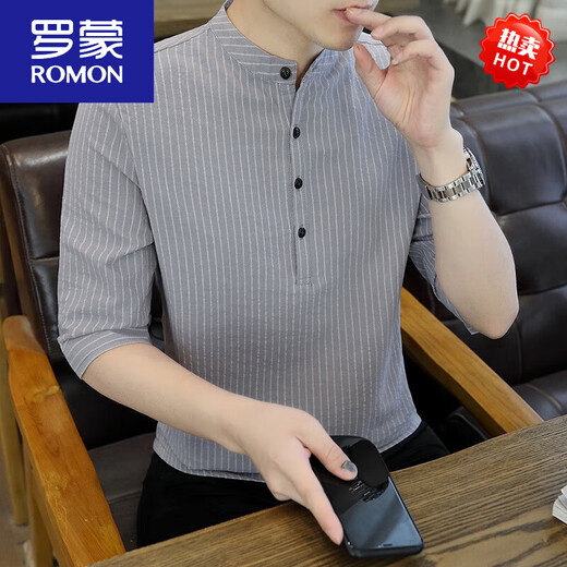 T-shirt de quart de quart d'été Romon pour le collier de support à rayures minces pour hommes T-shirt à moitié à manches pour hommes à manches chinoises pour hommes tendro de style chinois 7899-Black M