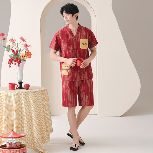 LangSha Couple Pajamas One Male One Female Summer Pure Cotton Thin Red Nightgown Wedding Festive Wedding 100% Cotton Home Clothes 7109 XL Female + 2XL Male