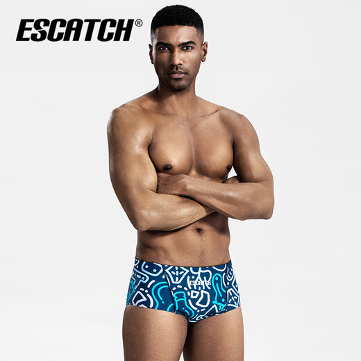 ESCATCH Badehose Herren Racing Große Dreieck-Badehose verbreitert, um Peinlichkeiten zu verhindern Kleiner quadratischer Winkel Herren-Trainingsschwimmausrüstung EY05 Marineblaue Geometrie M