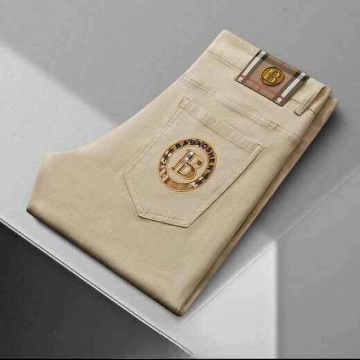 KECK Hong Kong trendy brand American business jeans men's cotton straight pants embroidered high-end fashion casual pants B983 black summer thin section 31 suitable for 120-130Jin Jin equals 0.5 kg