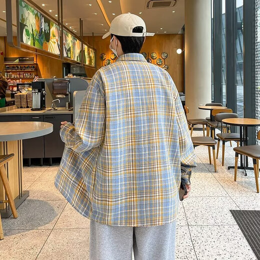 Chemise américaine à manches longues pour garçons Spring and Summer Low Abeld Plaid Shirt Retro Retro Trendy Casual Veste Veste pour hommes Cryz687 Yellow 2xl