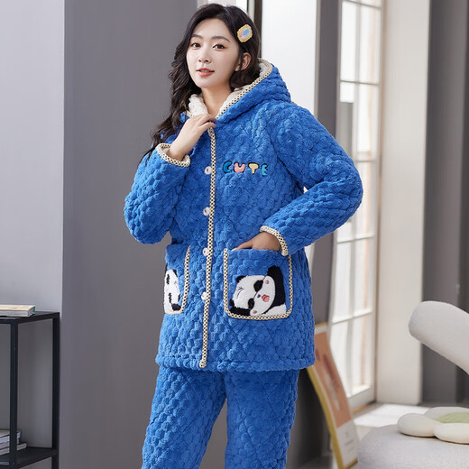 Pyjamas von BEIXINGTONG für Frauen mit dreischichtiger Baumwolle im Winter und samtdickter Korallenmerze Neues Flanell warmes Kapuze-Kleidungsstück [2 Teile) BXT-6636 XL [Vorgeschlagen 115-140jin [Jin gleich 0,5 kg]]
