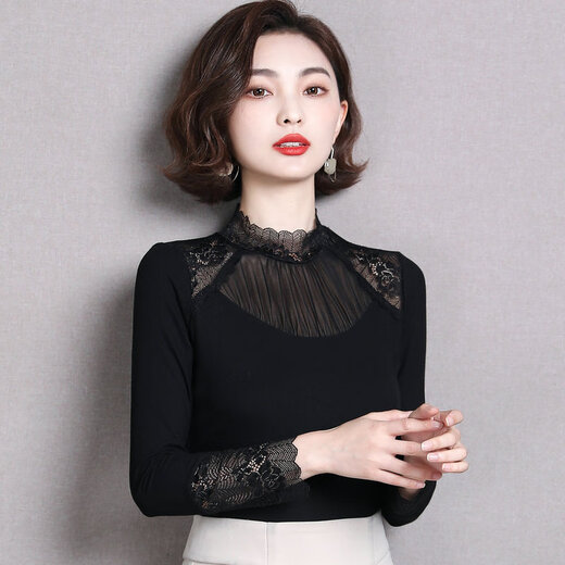 2025年新款春装长袖蕾丝打底衫莫代尔女气质内搭上衣显瘦洋气小衫 7027黑 波点多边形领长袖 均码 （90斤-130斤）