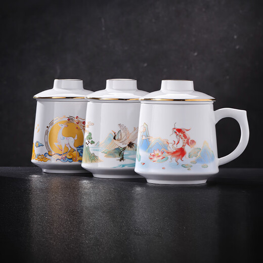 Jingdezhen (jdz) ceramic tea cup household white porcelain tea water separation office large capacity mug with lid tea leaking cup high-end gift