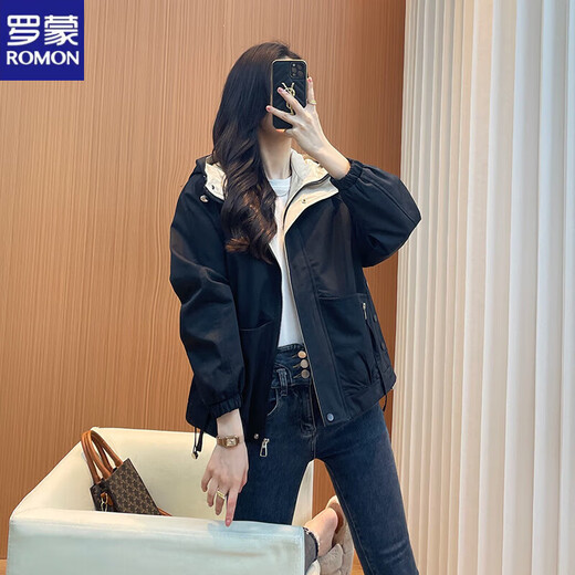 ROMON 2025 new style windbreaker jacket for women, spring and autumn style, hooded, casual, versatile, small, short, sports black, black (2321 without/velvet) M 110Jin Jin is equal to 0.5 kg within