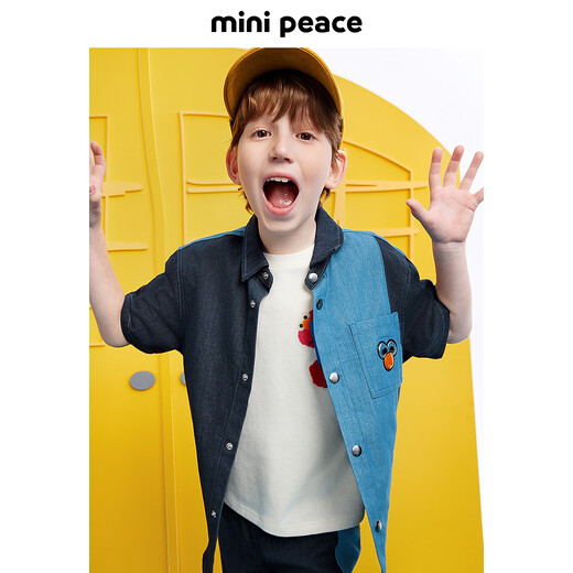 MiniPeace Sesame Street co-branded Peacebird children's clothing boys' comfortable denim shirt jacket short-sleeved summer dress denim dark blue 140