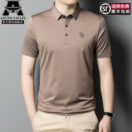 AJGNEAMAIN意大利轻奢高档男装夏季短袖POLO衫无痕商务休闲半袖纯色男士上衣 9859浅咖【无痕免烫抗皱】 L 175/50【建议115-130斤】