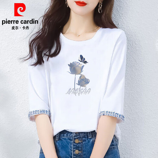 Pierre Cardin Pure Cotton Chinese Middle-Sleeved T-Shirt für Frauen, 7 Viertel Ärmel loser neuer chinesischer Frühling und Herbst Sommer 2025 Neues Top W6205 Weiß + W6172 ICE BLUE M (Empfohlen 80-105jin [Jin gleich 0,5 kg])