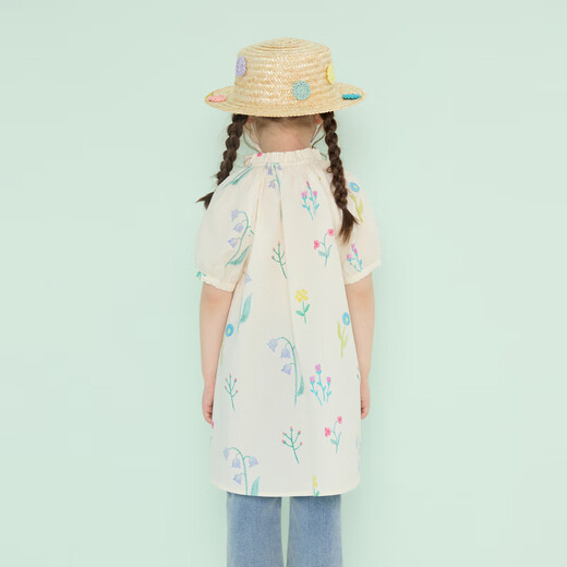 Papa climbing summer girls dress pure cotton floral skirt girl versatile cute and stylish off-white 90 cm