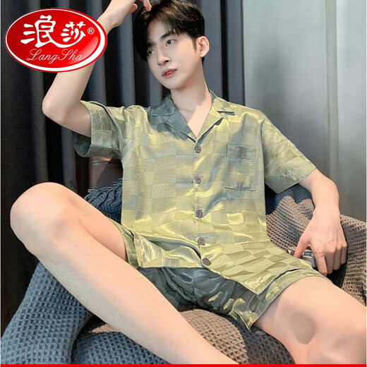 Langsha 2025 Herren-Pyjamas Eis/Seidenshorts Shorts Mode Cardigan Rohseide Home Cloding Set Ice Seide Herren G844 L (Vorgeschlagene Größe 170, Gewicht 100-1