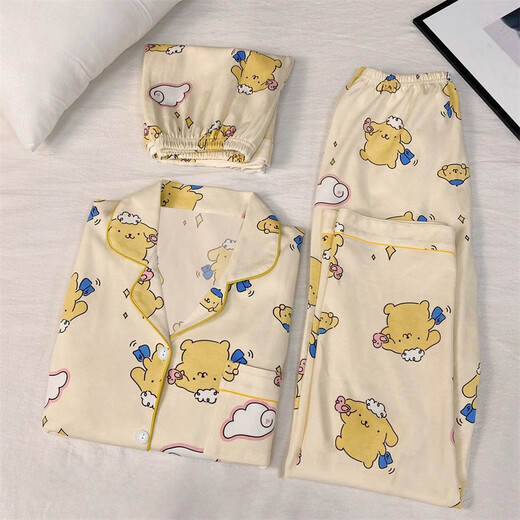 Xuan Mulin Creme Yellow Pudding Hund Pyjamas für Frauen im Frühling und Herbst neue Kurzarmhose Strickjacke Internet Promi Home Clothing Drei-teilige Set 14107# Animal Round X M empfohlen 80-100jin [Jin gleich 0,5 kg]