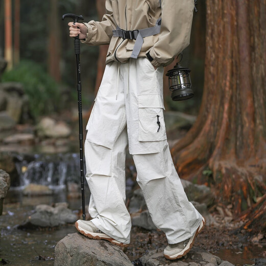 SWAMP AREA伞兵冲锋裤男春夏薄款褶皱登山裤直筒运动休闲冰丝裤WS701米白色L