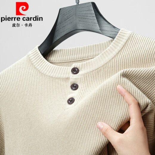 Pierre Cardin Henry collar T-shirt men's long-sleeved spring and autumn new jacquard inner layering shirt three-button round neck men's knitted sweater wool T light rice Q-19227 XL 52