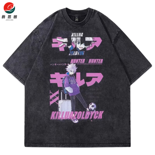 爵思朗动漫全职猎人hunter x hunter复古做旧夏季棉水洗短袖t恤男女 水洗黑B1278 S