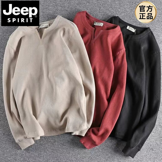 JEEP SPIRIT new Chinese style V-neck long-sleeved t-shirt men's heavyweight loose casual American Henry collar threaded sweatshirt sweater outer wear red S