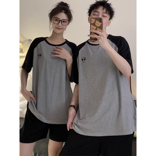 浪莎情侣夏季薄款纯棉短袖短裤家居服黑灰两件套男女 691【单套价格】 M 女