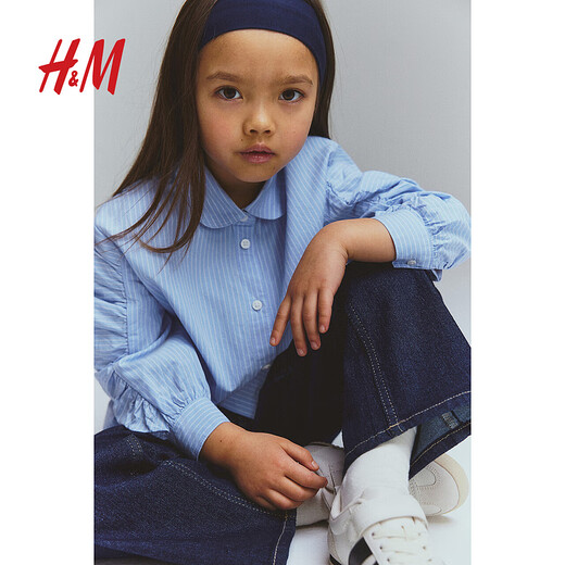 H&M Spring Children's Clothing Children's Girls Soft Striped Lantern Sleeve Cotton Shirt 1268343 Light Blue/Stripes 90 90/52 (1.5-2Y)