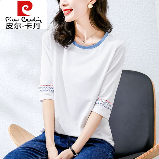 Pierre Cardin Algodón Camiseta de manga media de algodón para mujeres 2025 Spring y verano Nuevo manga de tres cuartos camiseta de manga corta Spring y Autumn Top 1xs328 White + W6172 Ice Blue M 80-105Jin [Jin equivale a 0.5 kg]