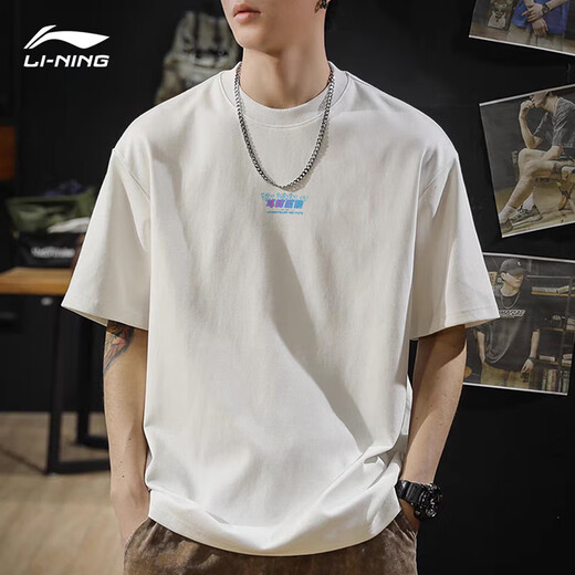 Li ning T-shirt à manches courtes pour hommes et femmes automne 2025 Nouveau demi-manche en coton pur lâche blanc décontracté marque à la mode rond sport top standard-douzhuanxingxingshi [coton pur] l / 175 standard