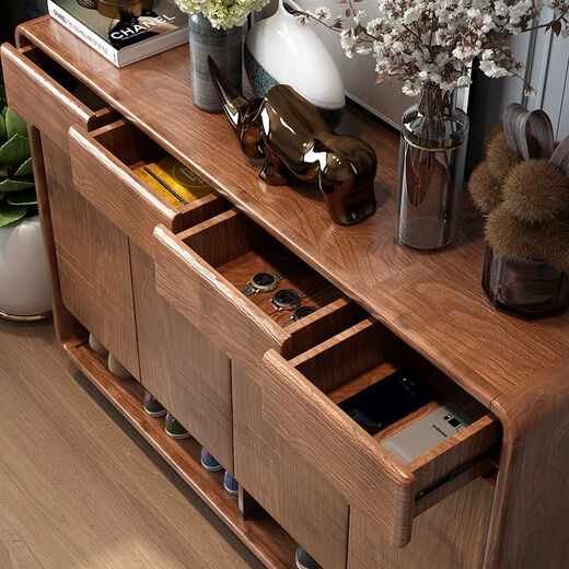 Qubainian's new walnut color solid wood shoe cabinet new Chinese style entry door all-in-one storage cabinet home entrance porch 120X345X1020 walnut color solid wood model complete delivery
