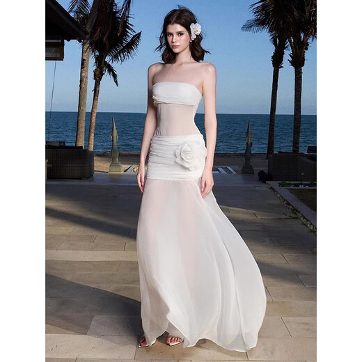 White dress for women, high-end summer seaside wear, beach skirt, holiday bag hip skirt, long skirt, pure desire, seaside flower tube top mesh dress S recommended 90Jin Jin is equal to 0.5 kg or less