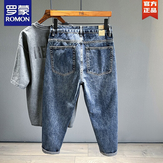 罗蒙（ROMON）复古水洗牛仔裤男宽松大码2025夏季新款萝卜锥形老爹九分哈伦裤子 蓝色 33