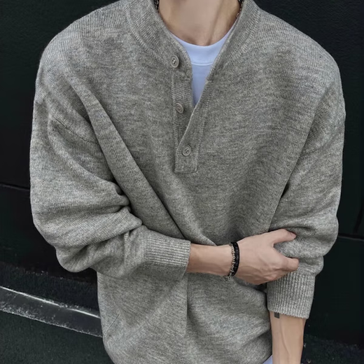 Yibo Heavy Sweater Men's Autumn and Winter New Korean Style Trendy Brand Lazy Gray Henley Collar Knitted Sweater Jacket Men Light Gray XL Recommended 120-135Jin Jin equals 0.5 kg