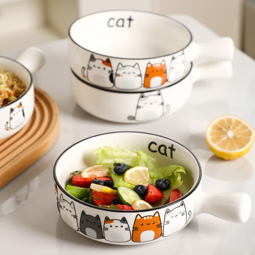 Fat Donglai's same style bowl with handle, ceramic instant noodle bowl with handle, student dormitory household, cute cat 2023 new model, handle bowl + lid - four cats