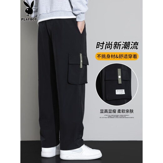 花花公子;PLAYBOY工装裤男士2025新款夏季阔腿宽松直筒春秋款休闲长裤子男款 9930黑色 8XL