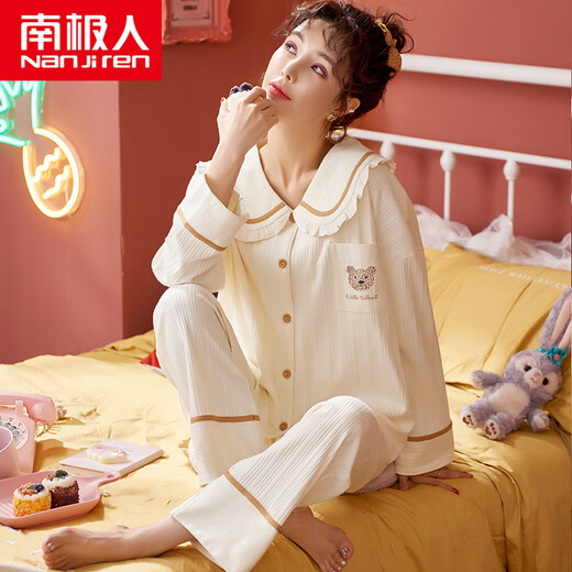 Antarktische Pyjama Frauen Frühling und Herbst reines Baumwoll-Langarm-Heimkleidung Vollte Baumwolle großer Größe 2024 neuer Set JM3527 M [80-98jin [Jin entspricht 0,5 kg]]