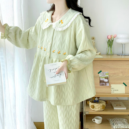 柒阅芒孕妇睡衣秋冬季不勒肚空气棉夹层待产妇月子服套装哺乳春秋 2677棕色 XXL 150-170斤穿