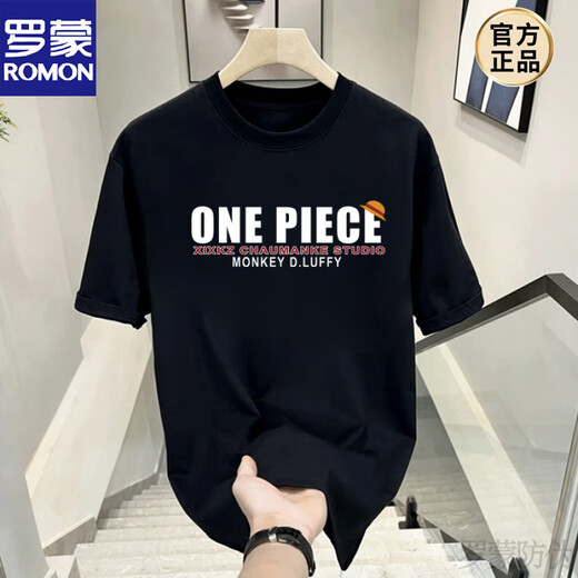 Romon (ROMON) Japanese One Piece Nika Luffy cartoon peripheral short-sleeved men's autumn teenager student round neck T-shirt top trend V1048 black M