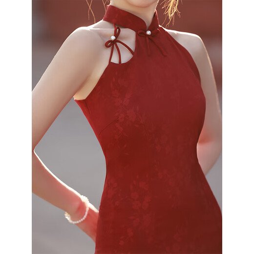 Jialong Mingxiu New Chinese Style Halter Dressing Dress Toast Wear Bride Cheongsam Small Improved Young Engagement Wedding Dress Women Summer Red S