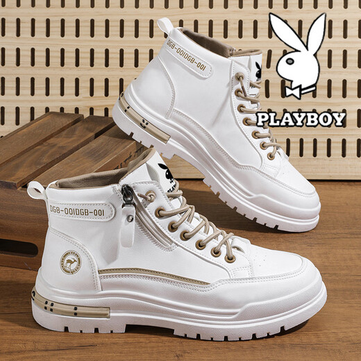 Playboy (PLAYBOY) men's shoes high top spring and summer new 2025 casual retro thick sole height-enhancing breathable trendy leather shoes men's Martin boots white brown 844 42