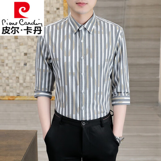 
Pierre cardin summer quarter-sleeved shirt men's plaid ice silk short-sleeved trendy handsome mid-sleeved shirt thin five-sleeved shirt DC683 white XL