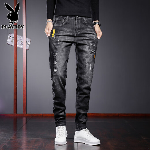Playboy (PLAYBOY) jeans men's elastic slim fit small-foot trousers 2025 spring and autumn new youth casual ripped pants men's trousers 6636 black 31 121-130Jin Jin equals 0.5 kg