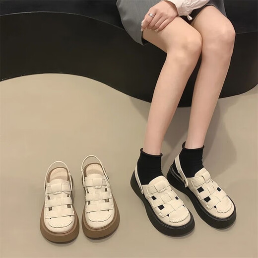 高级感厚底罗马凉鞋女夏季两穿包头半拖2025新款沙滩凉拖鞋洞洞鞋 卡其色 39