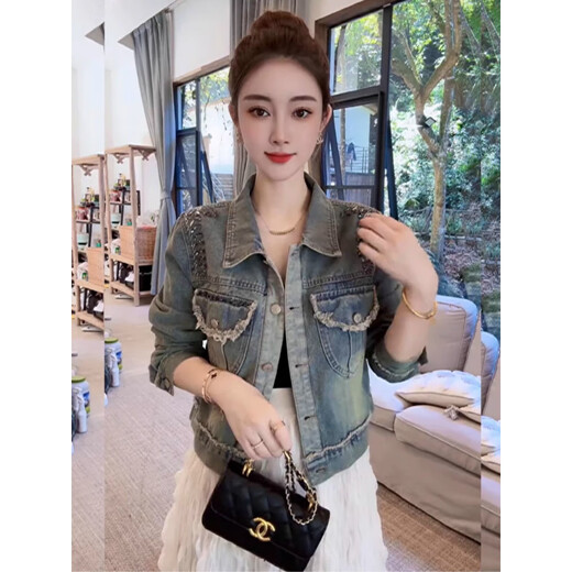 Girls 2025 Automne Nouveau design européen avec un bord brisé Pift Craft Diamond Backle Denim Jacket Retro Veste Retro Top Blue M