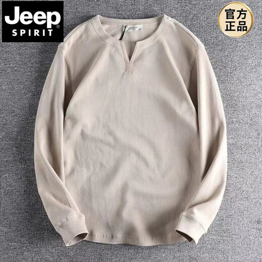 JEEP SPIRIT new Chinese style V-neck long-sleeved t-shirt men's heavyweight loose casual American Henry collar threaded sweatshirt sweater outer wear red S