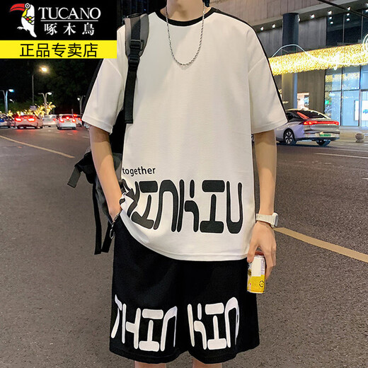 Holzspecker (Tucano) Ice Seide Kurzärärmelte T-Shirt-Herrenanzug Sommer kurzärmelige Männer mit halbärmeligem Gelegenheits-Basis-Hemd Summers Set Herrenanzug fks653 Weißer Anzug XL etwa 130-150jin [Jin gleich 0,5 kg]