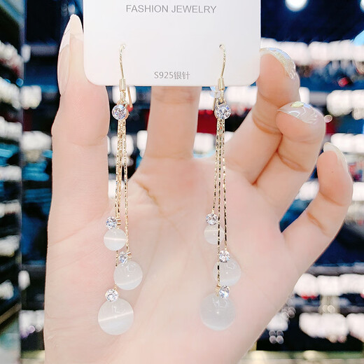 QPQK sterling silver earrings 2025 new popular cat's eye long tassel earrings high-end niche design earrings for women cat's eye long tassel silver earrings 925 silver needle