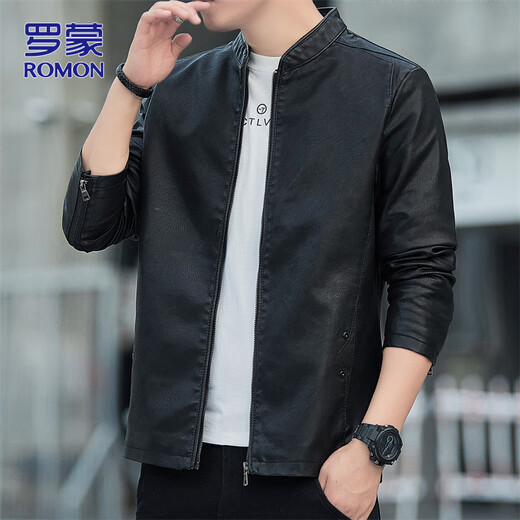 ROMON Jacket Leather Men's Autumn and Winter Jacket Men's Casual Versatile Motorcycle Men's Top Black 2XL