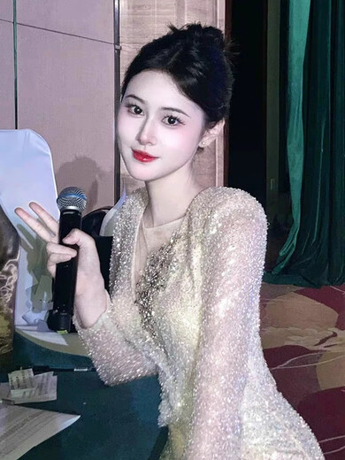 Weixuan Annual Meeting Ceremony Host Dress Women's New Long Dress High-End Banquet Dignified and Attractive Art Examination Sequined Performance Costume Silver M One Size